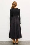 SQUARE NECK LONG SLEEVE SHIRRED WAIST LONG DRESS: IRON / M