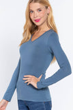 Basic Solid Long Sleeve V Neck Top: CELADON GREEN / 2-2-2 (S-M-L)