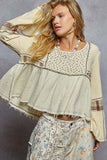 Long sleeve plaid contrast double gauze woven top: CREAM / S
