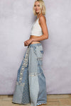 Lace-overlay waistband detail contrast denim woven pants: DENIM MULTI / S