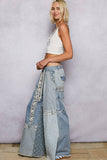Lace-overlay waistband detail contrast denim woven pants: DENIM MULTI / M