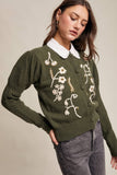 Floral Embroidered Puff Sleeve Cardigan: Dark Olive / L