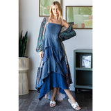 MINERAL WASHED TIERED RUFFLE HEM CAMI MAXI DRESS: DOLPHIN / S-M-L-XL(2-2-2-2)