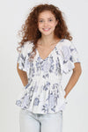 C2192-HL60 V NECK SMOCKED BUST HALF SLEEVE FLORAL TOP: S