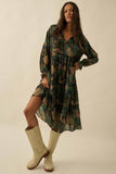 Floral-Print Tiered Ruffle Long-Sleeve Midi Dress: RETRO BLUE / L