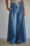 BD283 | Denim Drawstring Waist Band Wide Leg Pants: Light Denim / S