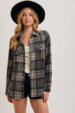 BUTTON DOWN PLAID SHACKET: BROWN COMBO / S