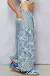 Floral print patchwork twill joger pants: DENIM / S