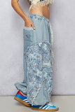 Floral print patchwork twill joger pants: DENIM / S