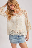 BOHO SHEER CROCHET 3/4 SLEEVED TOP WITH NO LINING: NATURAL / L