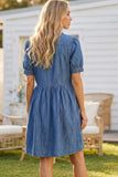 Short Sleeve 100%Tencel Chambray Denim Casual Dress VD83372: Denim Blue / L