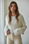 W1919 | Knit Sweater Pullover Top With Contrast Hems Detail: Ivory Grey / L