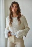 W1919 | Knit Sweater Pullover Top With Contrast Hems Detail: Ivory Grey / L