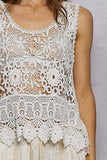 Round Neck Sleeveless Crochet Scalloped Opening Top: NATURAL / Os