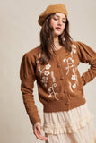 Floral Embroidered Puff Sleeve Cardigan: Dark Olive / S