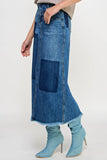 HIGH RISE FLARED MAXI SKIRT - Patchwork Design: DARK DENIM / L