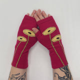 Fingerless Cashmere Gloves-Oval Poppy: Aqua on Gold / One Size Fits Most