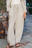 STRIPE SOFT WASH LINEN BLENDED PANTS: Black/Natural / S-M-L(2-2-2)