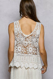 Round Neck Sleeveless Crochet Scalloped Opening Top: NATURAL / Os