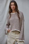 W1919 | Knit Sweater Pullover Top With Contrast Hems Detail: Ivory Grey / L