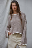 W1919 | Knit Sweater Pullover Top With Contrast Hems Detail: Mocha Ivory / S