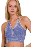 ,.._ SI-25407 Washed Seamless rib snap button crop tank w/ cut-ou: MOCHA-160832 / L/XL