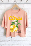 CITRUS FRESH LEMON GRAPHIC LONG CROP TOP: STONE