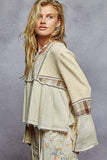 Long sleeve plaid contrast double gauze woven top: CREAM / S