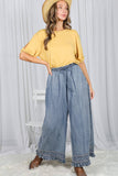 Flared Ruffle Hem Washed Chambray Crop Denim Pants VP83186: Washed Denim / S