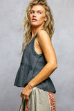 Double Gauze Floral Shirring Square Neck Sleeveless Top: INK NAVY / M