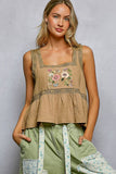 Double Gauze Floral Shirring Square Neck Sleeveless Top: TAN TOFFEE / L