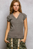Vintage Wash V Neck Cotton Slim Fit Tee Top: CHARCOAL / S