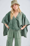 Mineral Washed Doily Boho Pancho Vneck top HT6680: Ashed Black