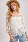BOHO SHEER CROCHET 3/4 SLEEVED TOP WITH NO LINING: NATURAL / L