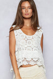 Round neck ruffle embroidered eyelet crochet top: NATURAL / Os