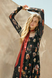 Floral-Print Mesh Smocked Long-Sleeve Maxi Dress: BLACK / S