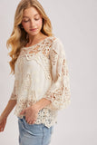 BOHO SHEER CROCHET 3/4 SLEEVED TOP WITH NO LINING: NATURAL / M