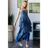 MINERAL WASHED TIERED RUFFLE HEM CAMI MAXI DRESS: DOLPHIN / S-M-L-XL(2-2-2-2)
