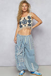 Floral print patchwork twill joger pants: DENIM / S