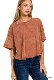 ..SI-25978 Washed Cotton Round Neck Short Sleeve Top: RUST-167412 / S/M