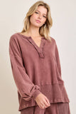 Mineral Washed Ribbed Vneck Bishop sleeve blouse HT5042P1: Ashed Black / S-M-L / 2-2-2