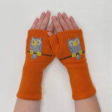 Fingerless Cashmere Gloves-Owl: Light Blue / One Size Fits Most