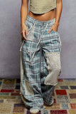 Stud Detail Woven Denim Pants: TEAL PLAID / S