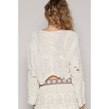 Cropped long sleeve solid crochet top: NATURAL / OS