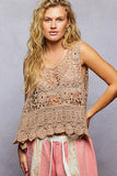 Round Neck Sleeveless Crochet Scalloped Opening Top: NATURAL / Os