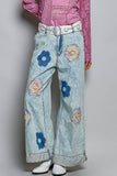 Floral Patchwork Rolled-up Denim Straight Pants: DENIM / L
