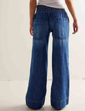 Ladies Elastic Waist Pocket Wide Leg Denim Pants: Light Blue / M