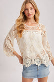 BOHO SHEER CROCHET 3/4 SLEEVED TOP WITH NO LINING: NATURAL / L