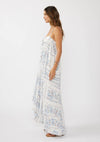 Hi-Lo Spaghetti Strap Patchwork Ruffle Maxi Dress: Creamy/Dusty Blue / M