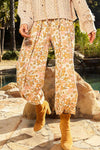 Adjustable string floral print woven harem pants: IVORY MULTI / L